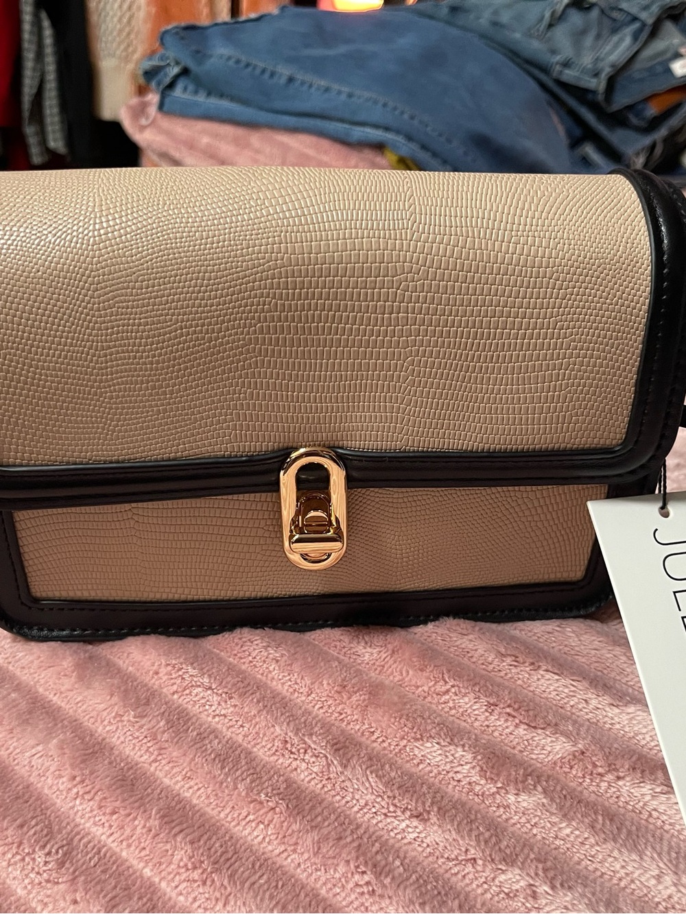 Jules Kae Blush Crossbody Bag with Black Trim and Gold Clasp